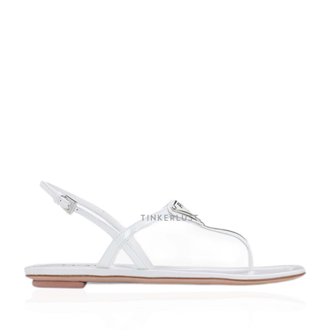 sepatu sandals PRADA Thong Sandals in White Patent with Triangle Logo Tinkerlust